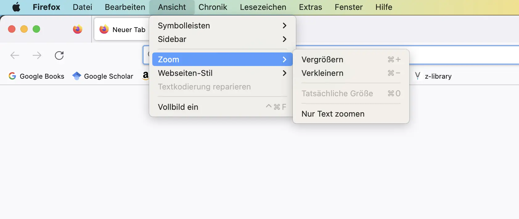 Ansicht wie man die Schriftgröße in Firefox ändert
